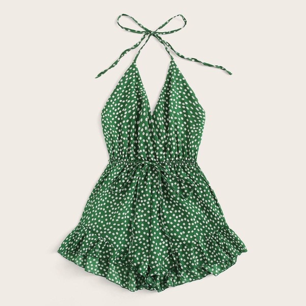 

Plus Ditsy Floral Drawstring Ruffle Hem Halter Romper, Green
