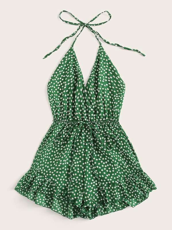 

Plus Ditsy Floral Drawstring Ruffle Hem Halter Romper, Green
