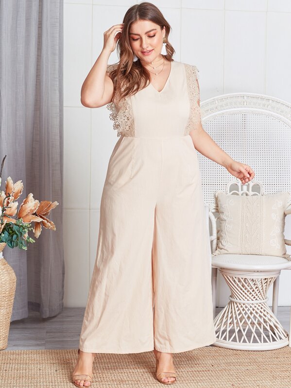 

Plus Contrast Guipure Lace Wide Leg Jumpsuit, Beige, Franziska