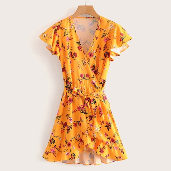 

Floral Print Belted Dress With Wrap Skirt, Yellow