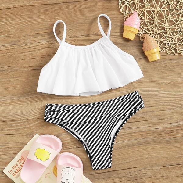 

Girls Flounce Top With Ruched Panty Bikini Set, Black and white