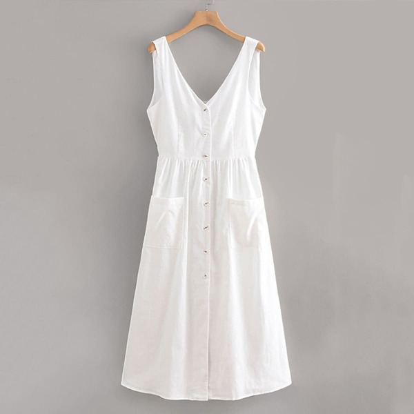 

Button Front Solid Tea Dress, White