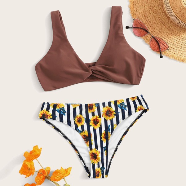 

Twist Front Top With Random Mixed Print Bikini Set
