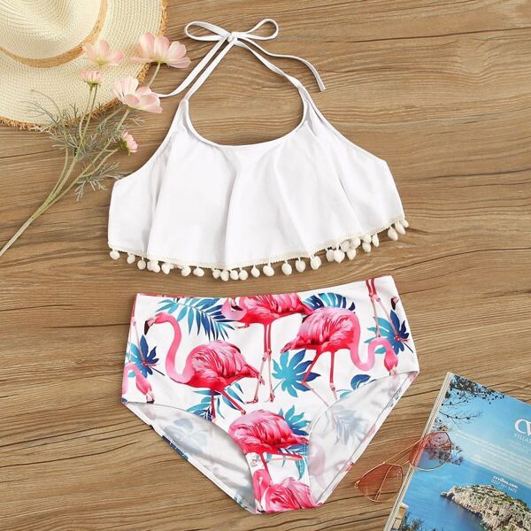 

Pom Pom Top With Random Flamingo Print Bikini