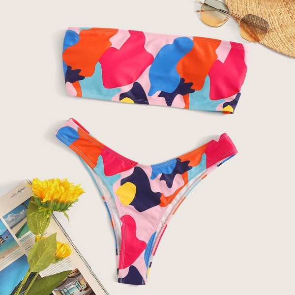 

Graphic Print Bandeau With High Leg Bikini Set, Multicolor
