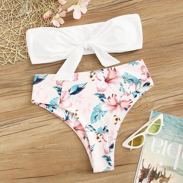 

Knot Front Bandeau With Tropical High Waist Bikini