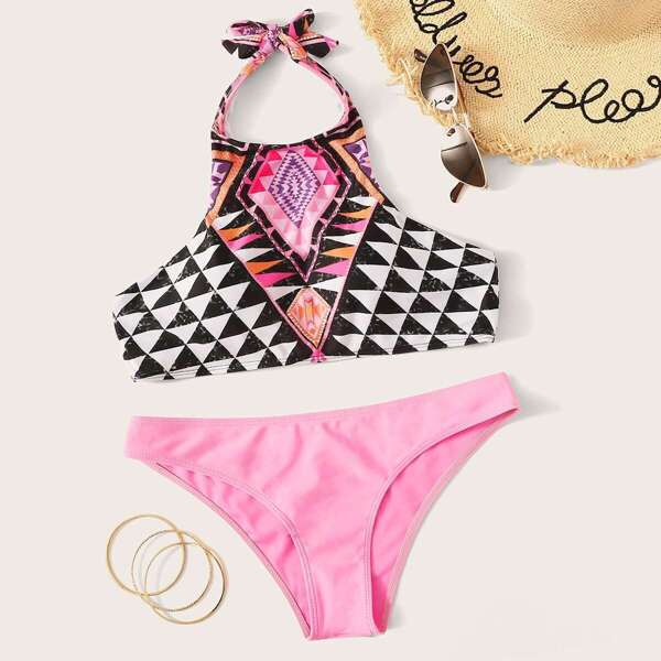 

Geometric Pattern Halter Top Mix & Match Bikini Set