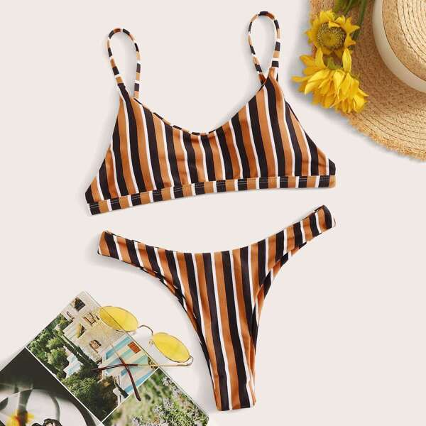 

Striped High Leg Bikini Set