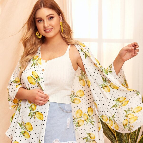 

Plus Lemon Print Polka Dot Kimono