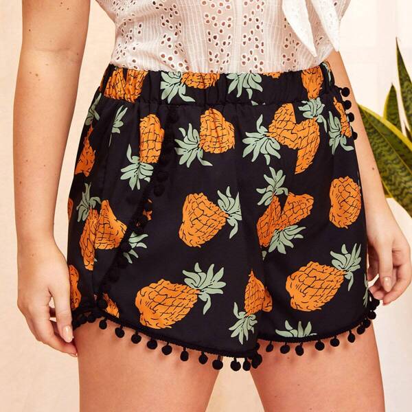 

Plus Pompom Trim Pineapple Print Shorts