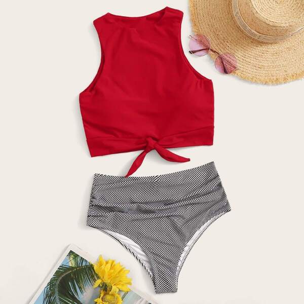 

Knot Hem Top With Ruched High Waist Bikini Set
