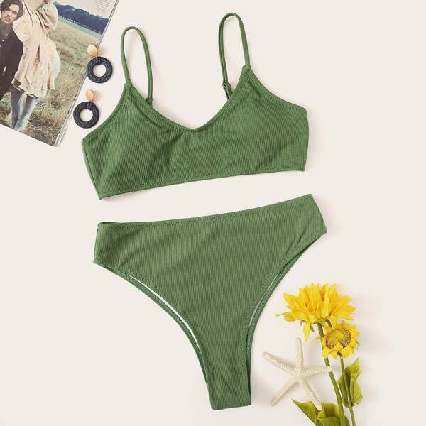 

Spaghetti Strap Top With High Waist Bikini Set, Army green