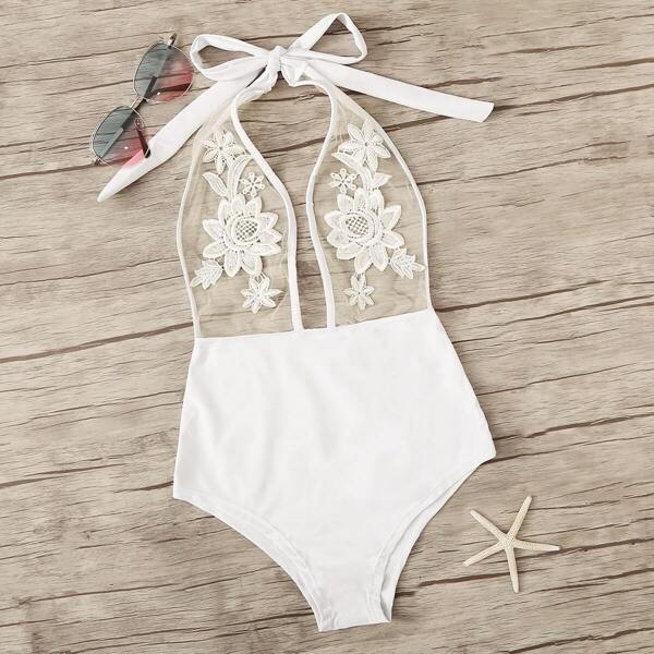 

Contrast Mesh Embroidered One Piece Swimsuit, White