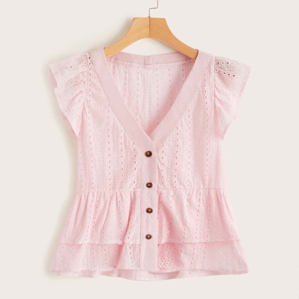 

Schiffy Button Front Layer Ruffle Hem Blouse, Pink