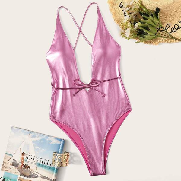

Metallic Open Back Criss-cross One Piece Swimsuit