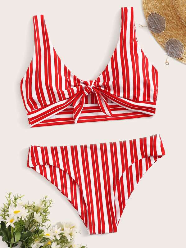 

Striped Knot Front Bikini Set, Red