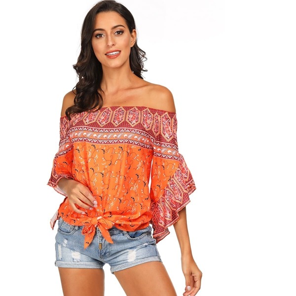 

Paisley Off The Shoulder Knot Hem Blouse
