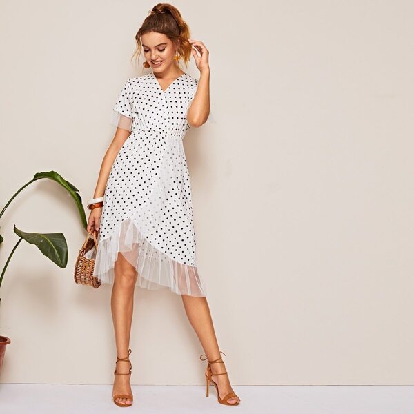 

Surplice Polka Dot Mesh Panel Dress