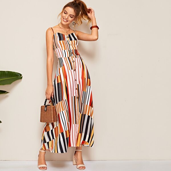 

Striped Shirred Back Button Front Cami Dress