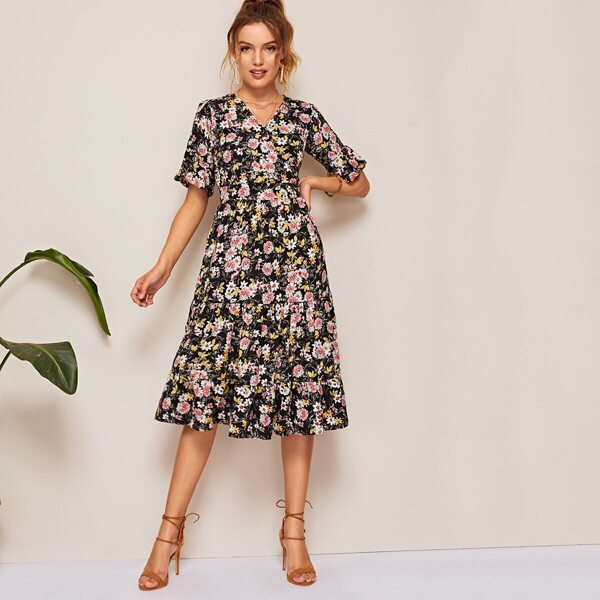 

Ditsy Floral Flounce Sleeve Ruffle Hem Dress, Multicolor