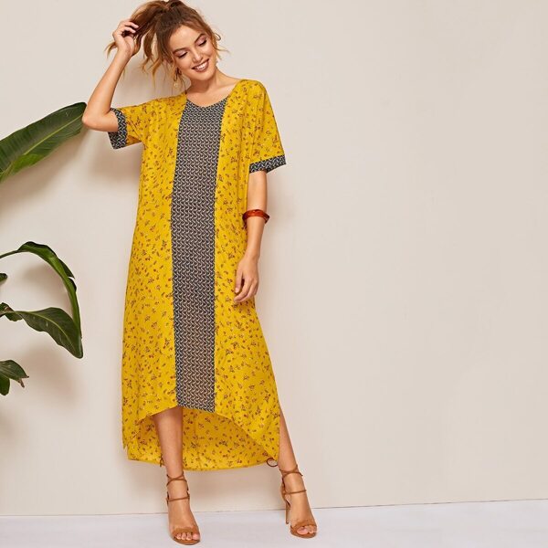 

Ditsy Floral Cut And Sew Dip Hem Dress, Yellow