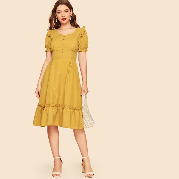 

Puff Sleeve Covered Button Detail Frill Dress