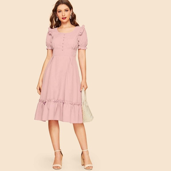 

Puff Sleeve Covered Button Detail Frill Dress