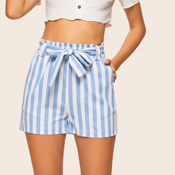 

Slant Pocket Self Belted Striped Shorts, Blue