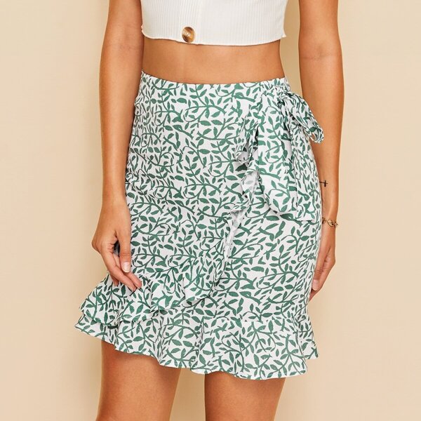 

Plants Print Tie Waist Wrap Skirt