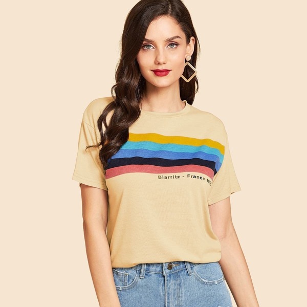 

Rainbow Striped & Letter Print Tee