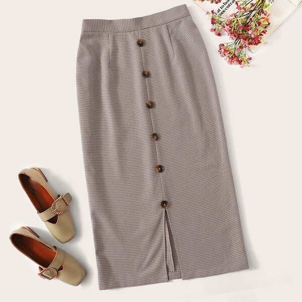 

Button Front Slit Hem Houndstooth Skirt, Grey