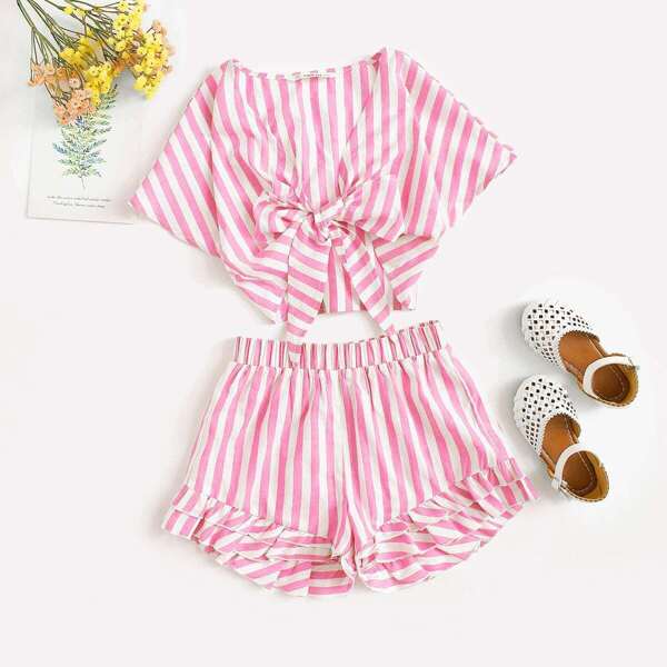 

Girls Knot Front Top & Layered Hem Shorts Set, Pink