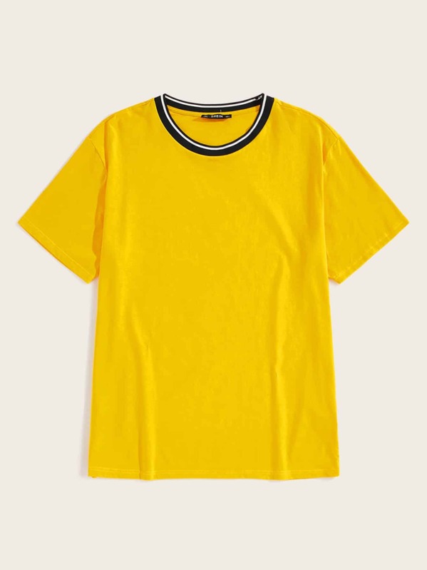 

Men Striped Neck Short Sleeve Top, Yellow