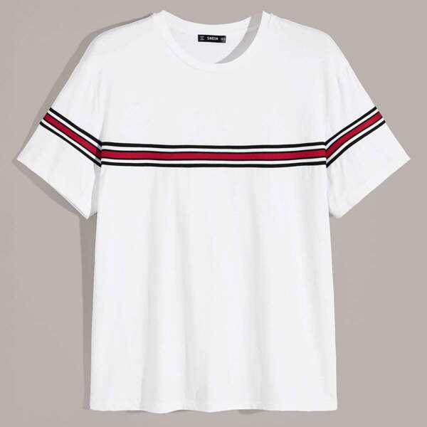 

Men Striped Tape Detail Short Sleeve Top, White