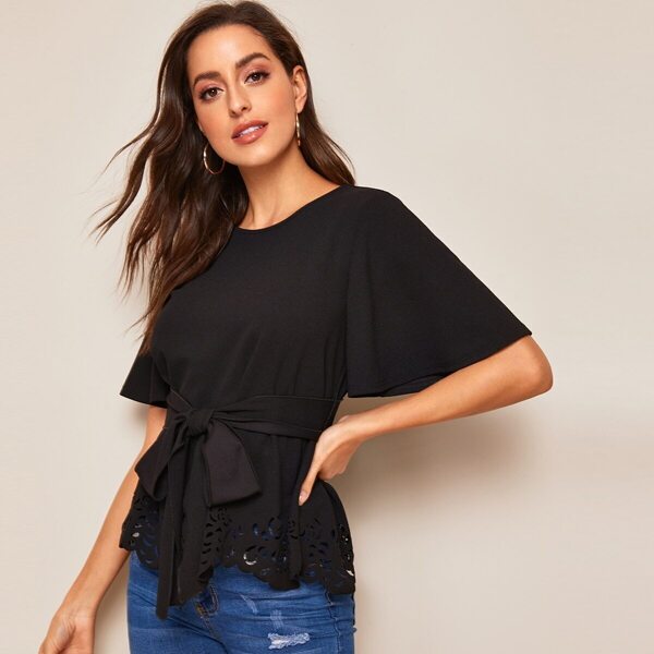 

Solid Laser Cut Hem Belted Blouse