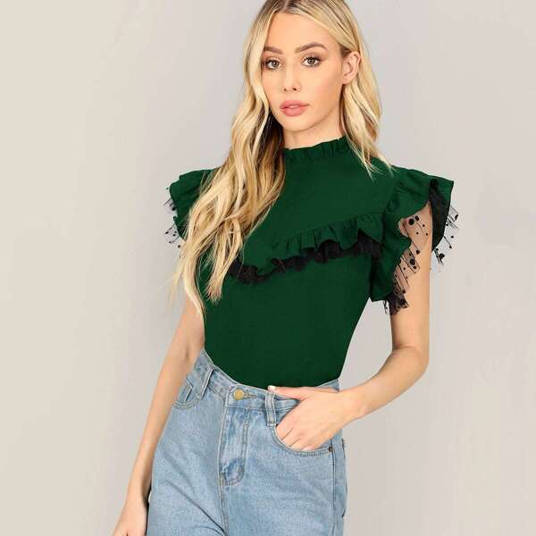

Mock Neck Frill & Mesh Trim Top, Green