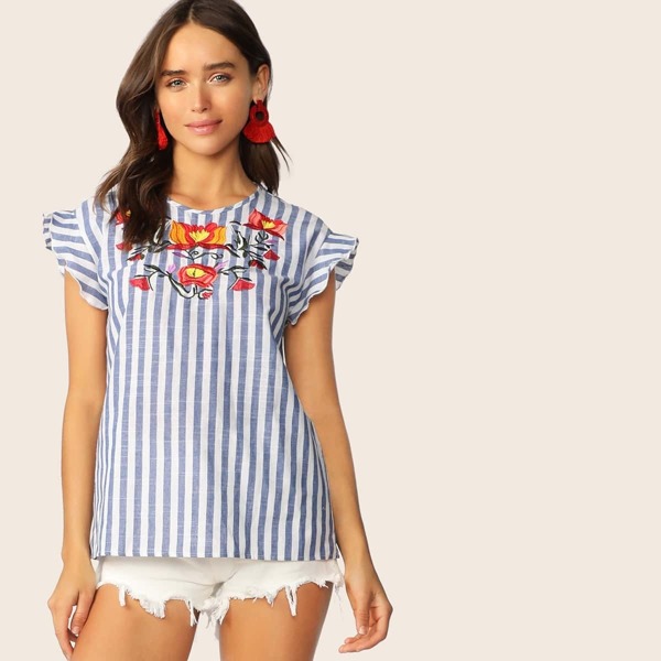 

Two Tone Ruffle Armhole Embroidery Print Blouse, Blue