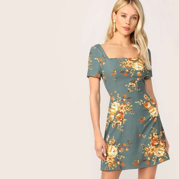 

Zipper Back Square Neck Floral Print Dress