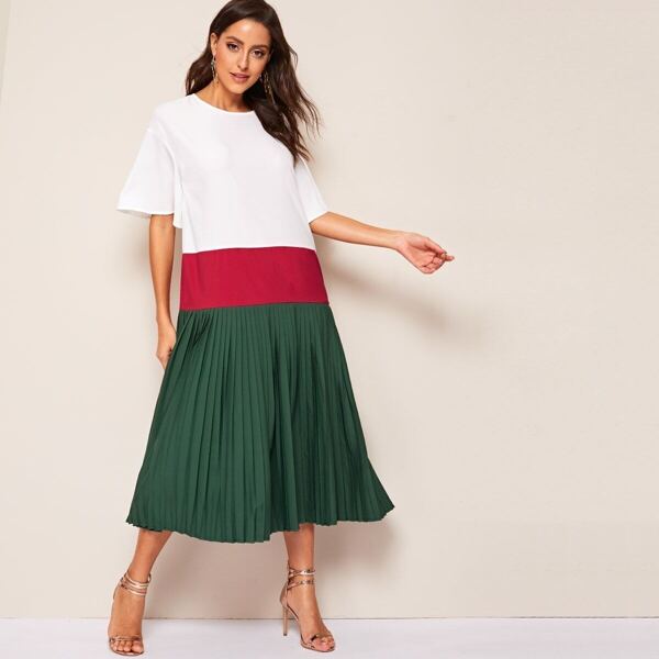 

Bell Sleeve Cut-and-sew Pleated Dress, Multicolor