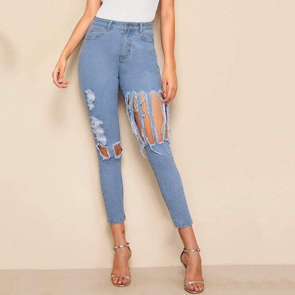 

Light Wash Destroyed Ripped Skinny Jeans