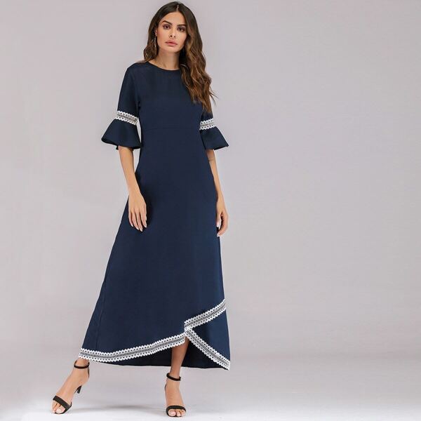 

Contrast Lace Flounce Sleeve Dress, Navy