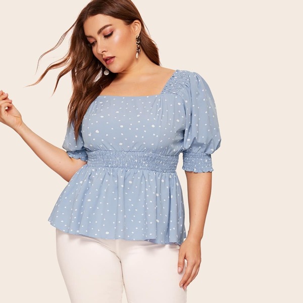 

Plus Dalmatian Print Shirred Detail Peplum Top