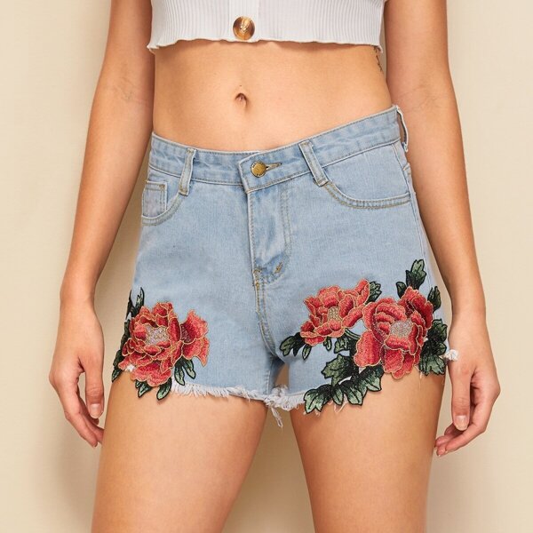 

Floral Embroidered Raw Hem Denim Shorts