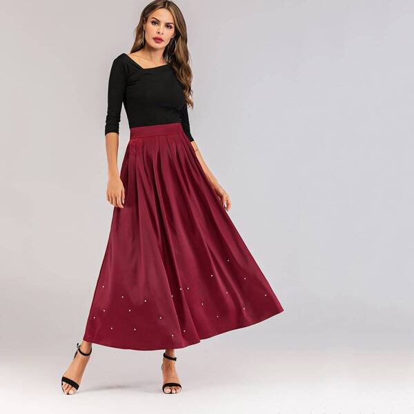 

Satin Pearls Trim Flared Skirt