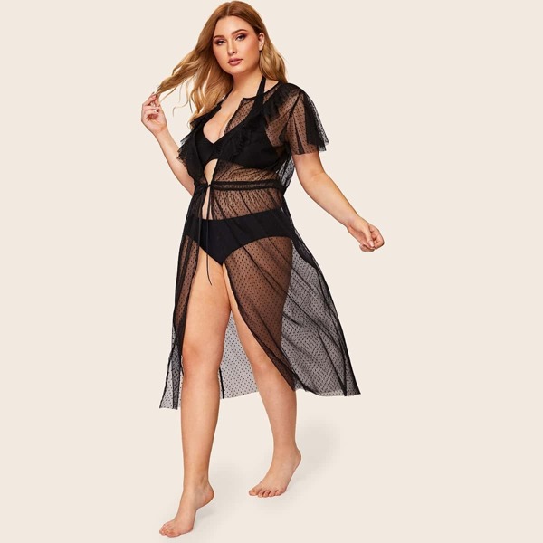 

Plus Ruffle Mesh Sheer Robe Without Lingerie Set, Black
