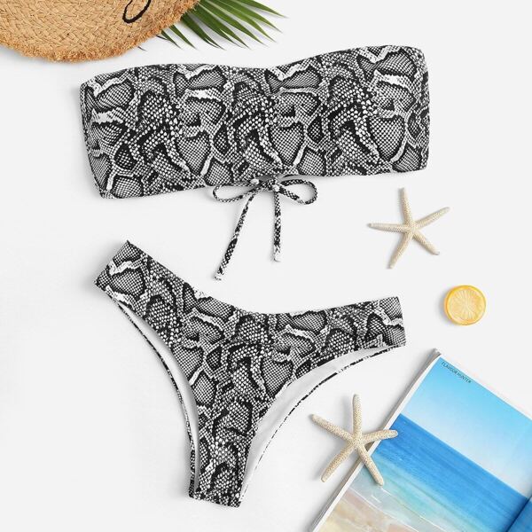 

Plus Snakeskin Lace-up Bandeau With High Cut Bikini