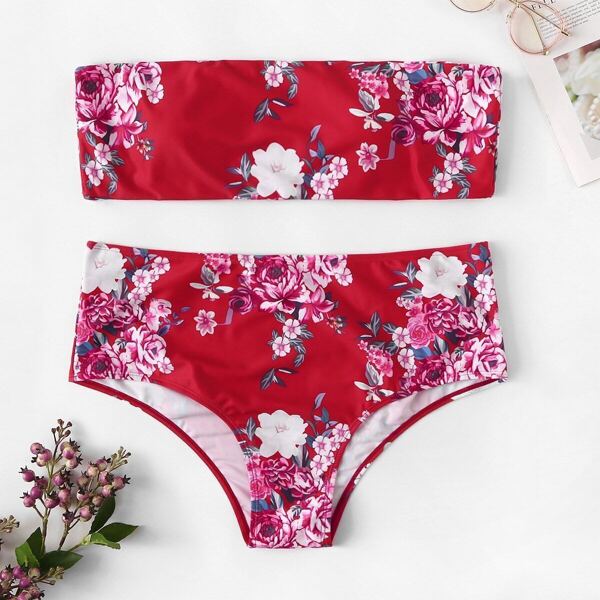 

Plus Floral Bandeau With High Waist Bikini Set, Red