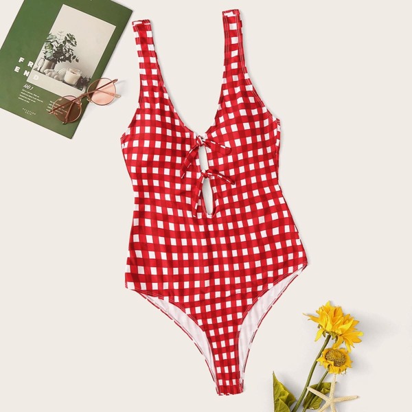 

Plus Gingham Knot Front Low Back One Piece Swim, Red