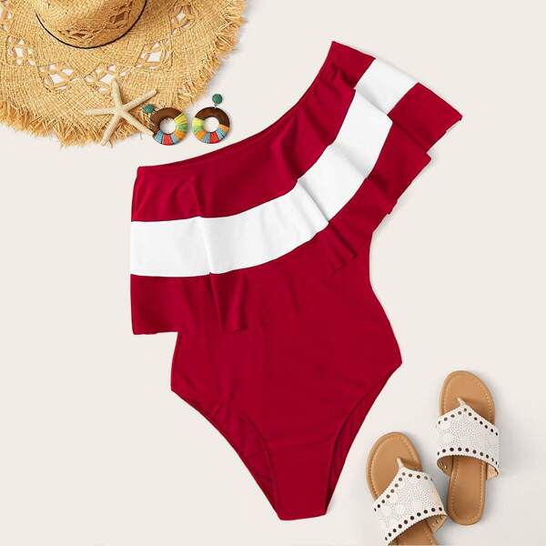 

Plus Two Tone Flounce One Shoulder One Piece Swim, Red