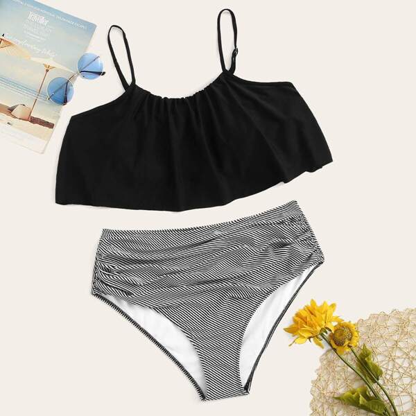 

Plus Flounce Top With Striped Ruched Bikini Set